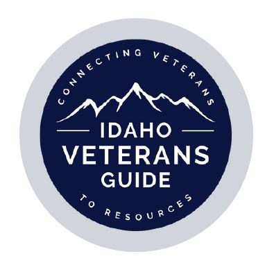 Circular graphic. Center of the circle stylized border of mountains over the text "Idaho Veterans Guide" with "Connect Veterans" arced above the mountains and "To Resources" arced below.
